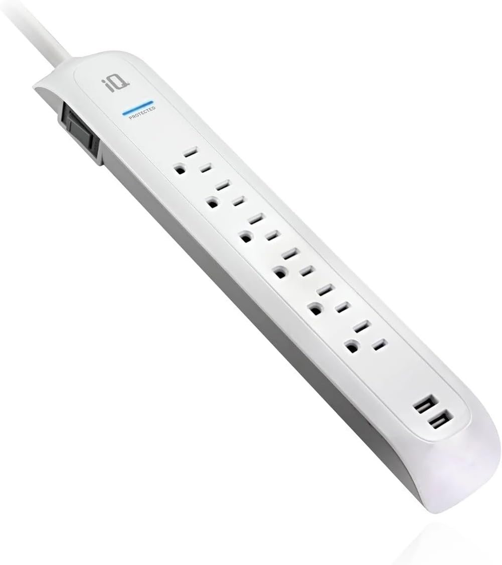 iQ PRO 6X 6-Outlet Surge Protector with 2 USB Ports (2.1A), 6ft Cord, Noise/Voltage Spike Protection, 125V, 400V Clamping, 90000A Spike Protection, delivers optimal USB current automatically
