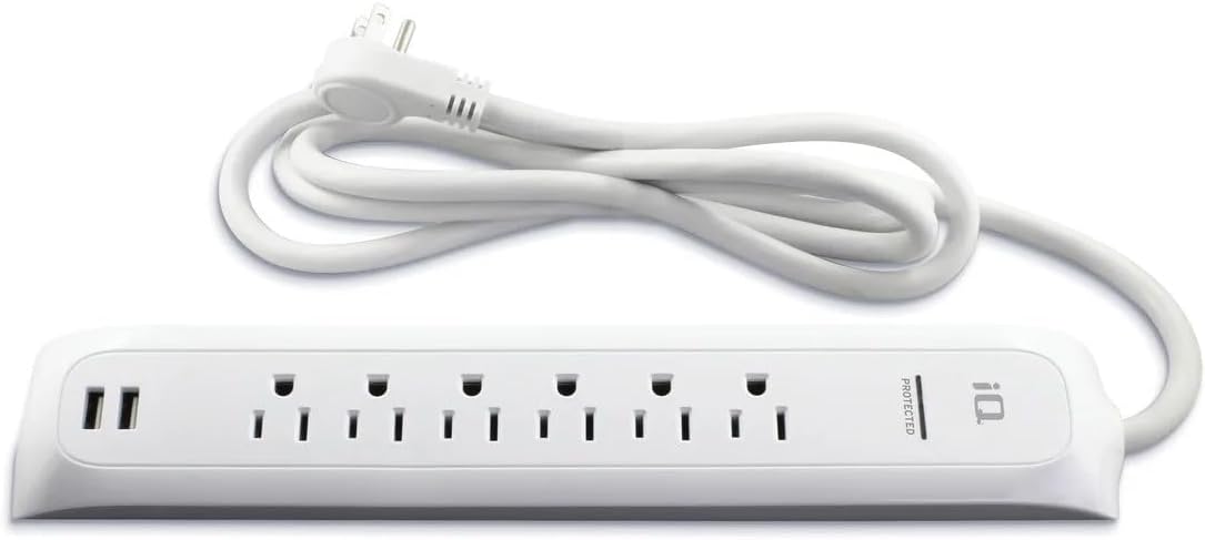 iQ PRO 6X 6-Outlet Surge Protector with 2 USB Ports (2.1A), 6ft Cord, Noise/Voltage Spike Protection, 125V, 400V Clamping, 90000A Spike Protection, delivers optimal USB current automatically