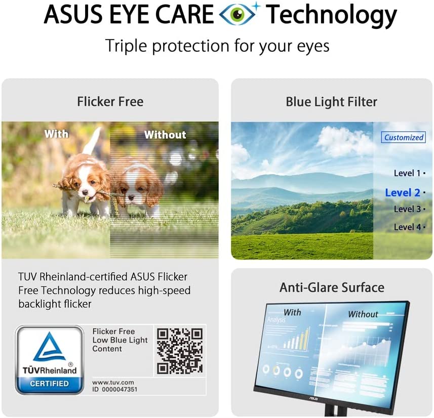 ASUS VA24EHE Eye Care Monitor – 23.8 inch, Full HD, IPS, Frameless, 75Hz, Adaptive-Sync, Low Blue Light, Flicker Free, Wall Mountable (Certified Refurbished)