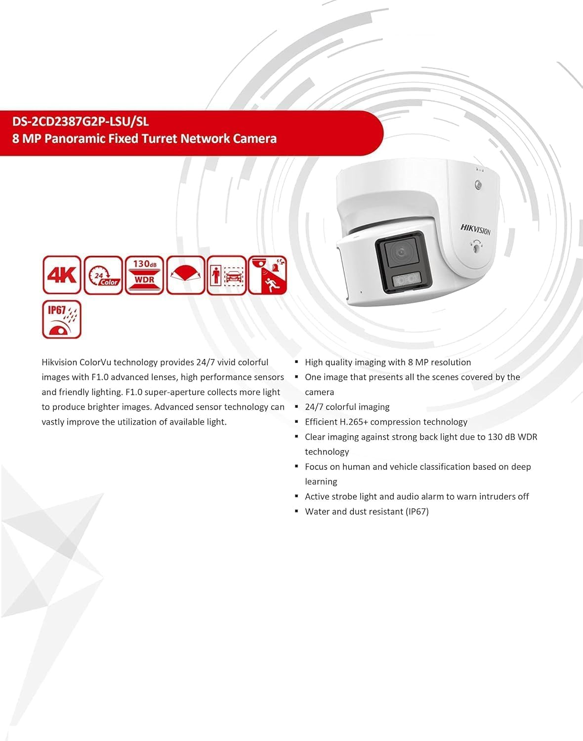 Hikvision DS-2CD2387G2P-LSU/SL 8MP ColorVu Turret Camera with Mic, Speaker & Strobe (4mm) (Certified Refurbished)