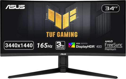 Asus TUF Gaming 34-inch VG34VQL1B Monitor, Curved, WQHD (3440x1440), 165Hz, Extreme Low Motion Blur, FreeSync Premium, Eye Care, DisplayPort HDMI USB, Height Adjustable (Certified Refurbished)
