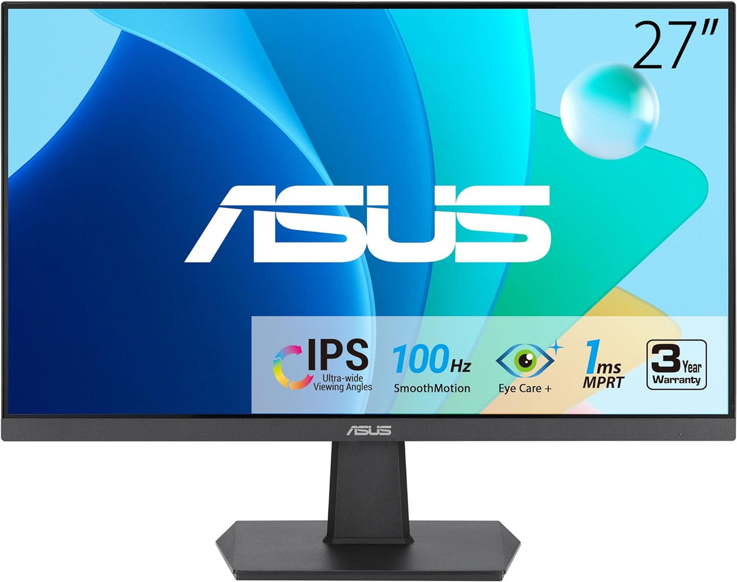 ASUS 27” 1080P Eye Care Monitor (VA27EHF) - IPS, Full HD, Frameless, 100Hz, 1ms, Adaptive-Sync, for Working and Gaming, Low Blue Light, Flicker Free, HDMI, VESA Mountable, Tilt (Certified Refurbished)