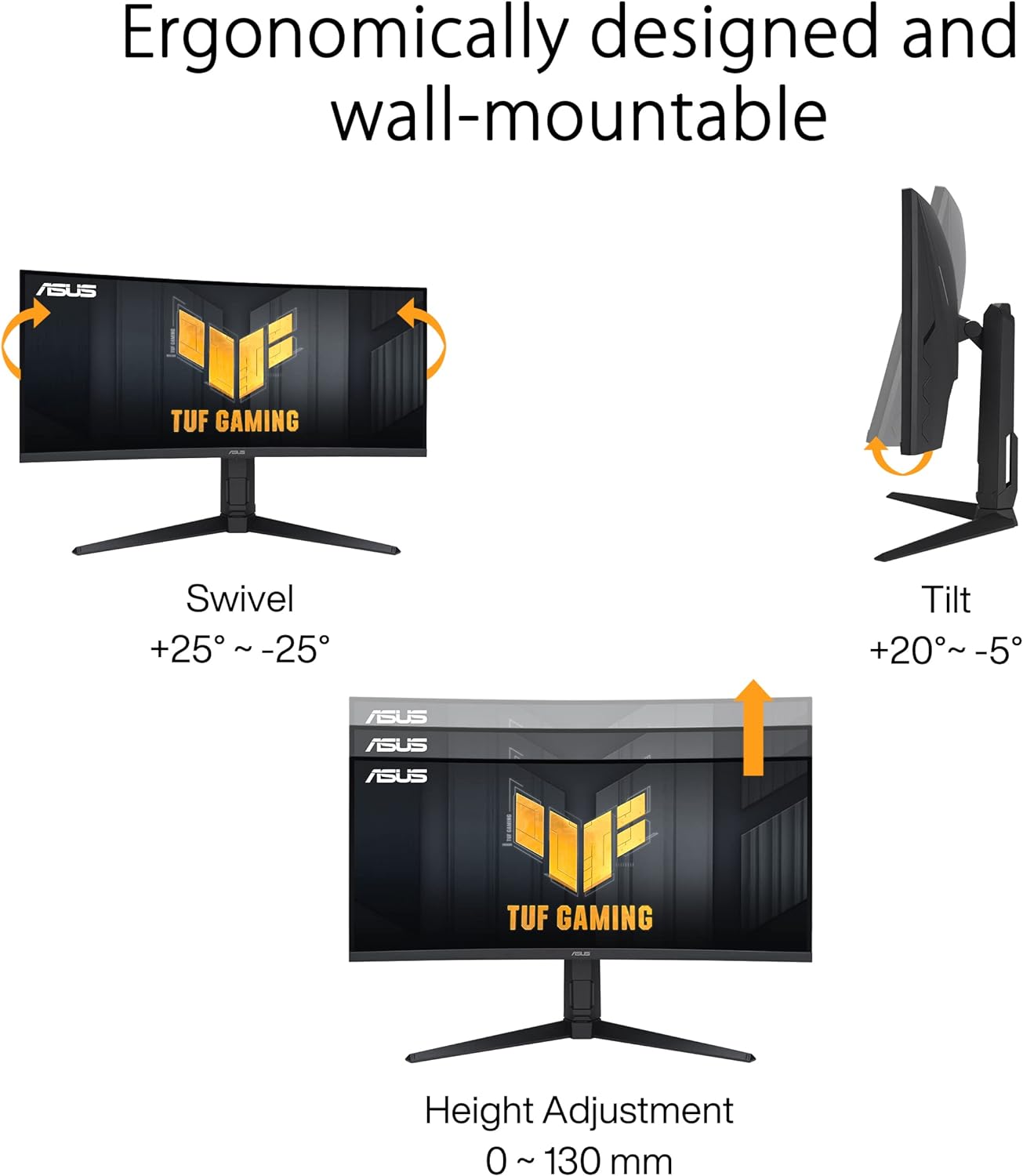 ASUS TUF Gaming 34” Ultra-Wide Curved HDR Monitor (VG34VQEL1A) - 21:9, UWQHD (3440 x 1440), 100Hz, Extreme Low Motion Blur, FreeSync, 1ms, DisplayPort, HDMI, USB, Tripod Socket, Height Adjustable (Certified Refurbished)