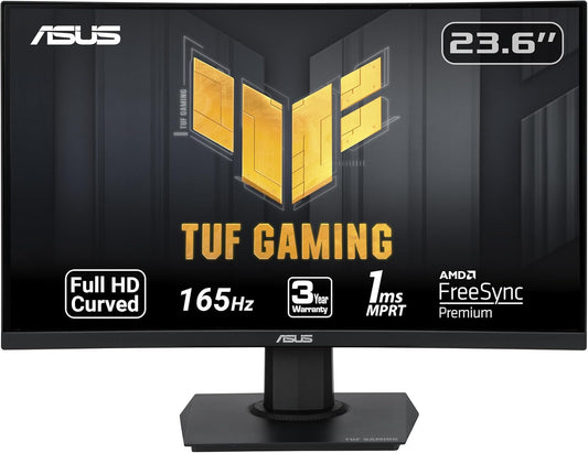 ASUS TUF Gaming VG24VQE 23.6” Curved Monitor, 1080P Full HD, 165Hz (Supports 144Hz), 1ms, Extreme Low Motion Blur, FreeSync Premium, Shadow Boost, Eye Care, DisplayPort HDMI (Certified Refurbished)