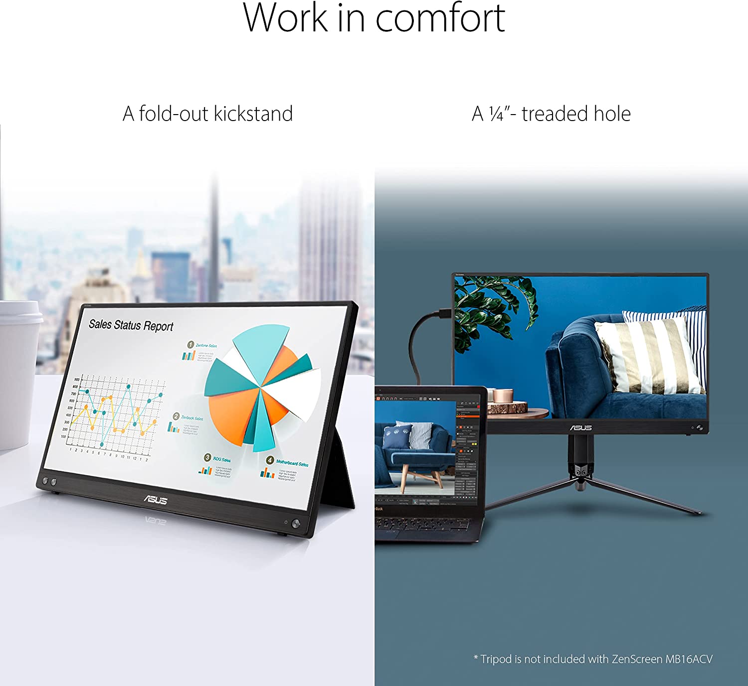 ASUS ZenScreen MB16ACV Portable USB Monitor- 16 inch (15.6 inch viewable) Full HD, IPS, Hybrid Signal Solution, USB Type-C, Flicker Free, Blue Light Filter, Anti-glare surface, Antibacterial treatment (Certified Refurbished)