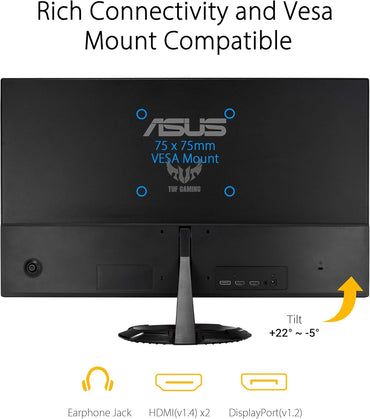 ASUS TUF Gaming 23.8” 1080P Monitor (VG249Q1R) - Full HD, IPS, 165Hz (Supports 144Hz), 1ms, Extreme Low Motion Blur, Speaker, FreeSync Premium, Shadow Boost, VESA Mountable, DisplayPort, HDMI (Certified Refurbished)
