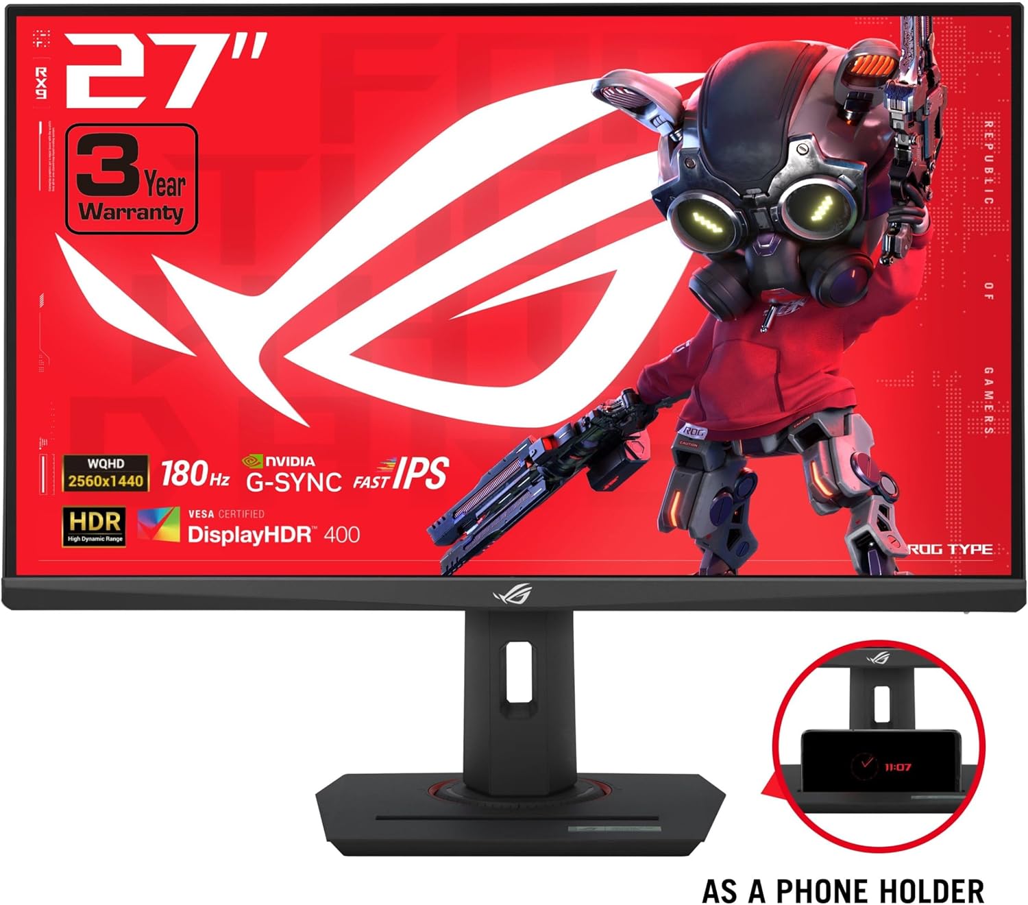ASUS ROG Strix 27” QHD HDR400 USB-C Gaming Monitor(XG27ACS)-2560x1440, 180Hz, 1ms, Fast IPS, 133% sRGB, Extreme Low Motion Blur Sync, G-Sync Compatible, DisplayWidget, Tripod Socket (Certified Refurbished)