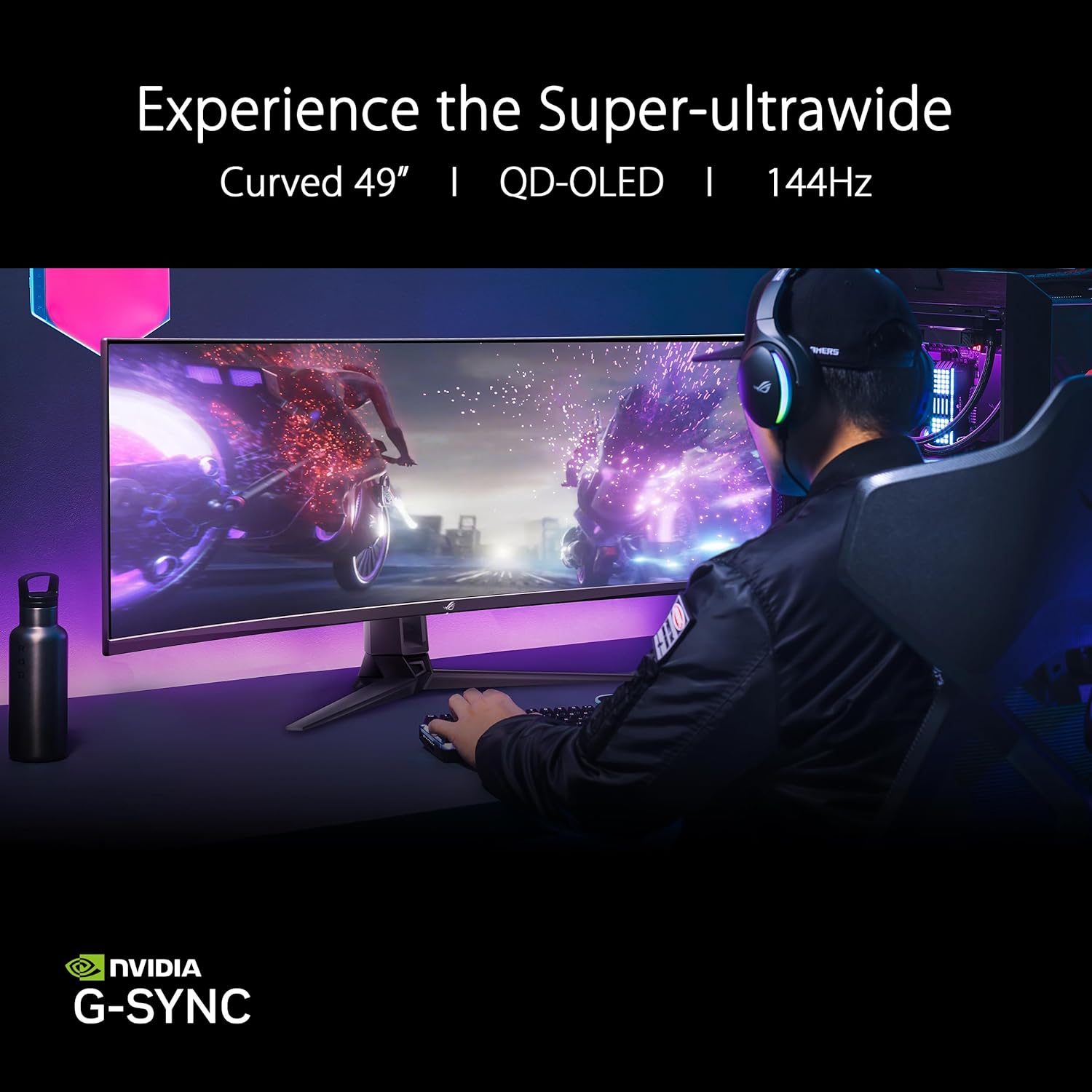ASUS ROG Swift 49” Curved QD-OLED Gaming Monitor (PG49WCD) - Dual QHD 32:9 (5120x1440), 144Hz, 0.03ms, G-SYNC Compatible, Custom Heatsink, Uniform Brightness, Smart KVM, 90W USB-C PD, DisplayHDR 400 (Certified Refurbished)