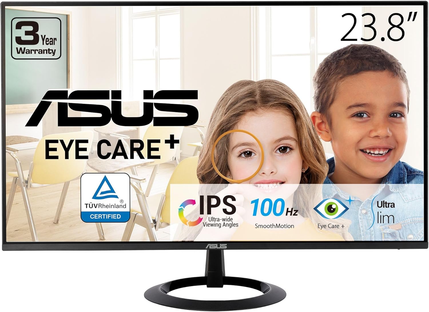 ASUS 24” (23.8-inch viewable) Eye Care Monitor (VZ24EHF) - IPS, Full HD (1920 x 1080), Frameless, 100Hz, Adaptive-Sync, 1ms, HDMI, Low Blue Light, Flicker Free, Ultra-Slim Profile (Certified Refurbished)