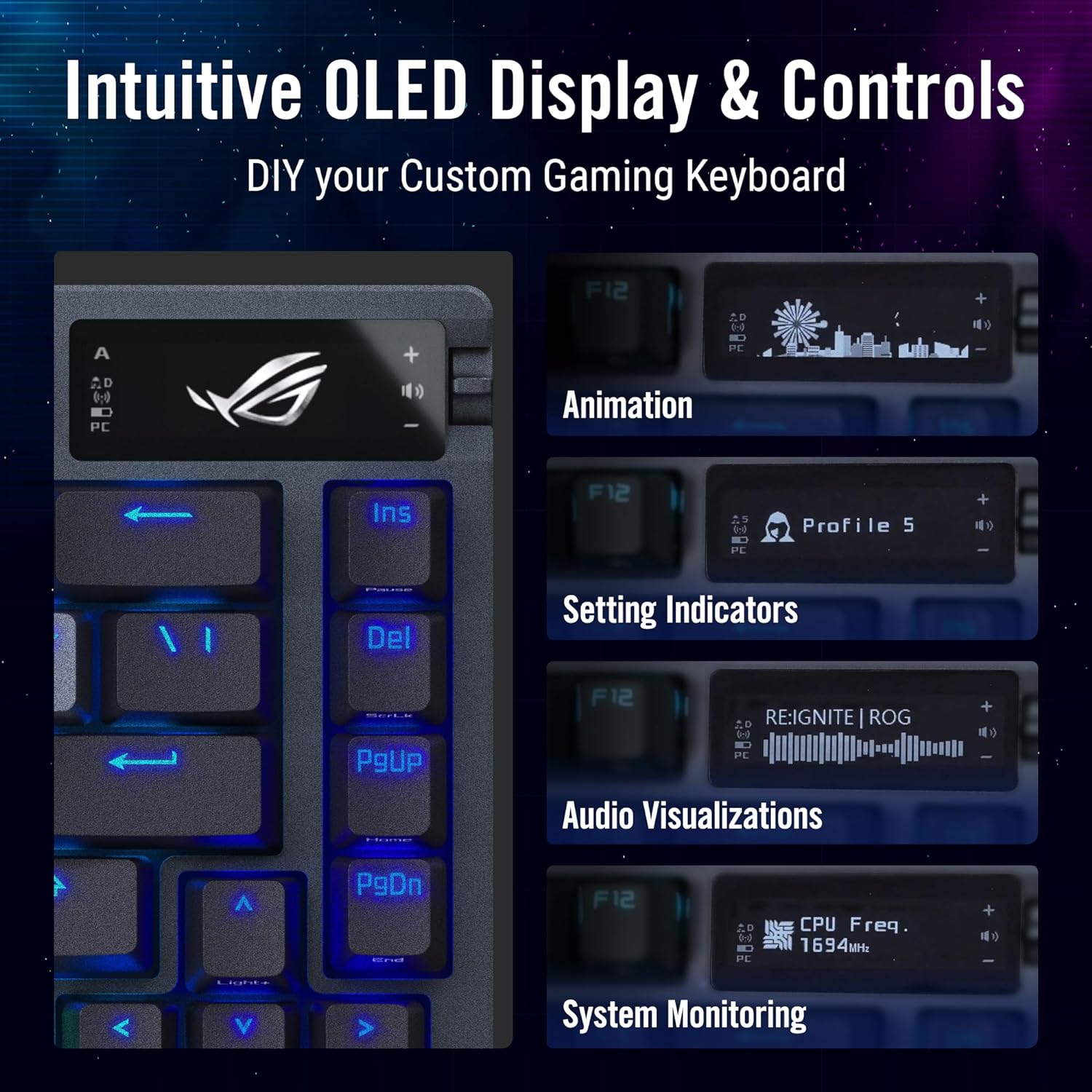 ASUS ROG Azoth 75 Wireless DIY Custom Gaming Keyboard, OLED Display, Gasket-Mount, Three-Layer Dampening, Hot-Swappable Pre-lubed ROG NX Red Switches & Keyboard Stabilizers, ABS Keycaps, RGB-Black (Certified Refurbished)