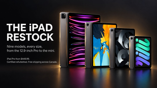 The iPad restock at Skadi. Nine models, every size, iPad Pro from $449.99. Certified refurbished, free shipping across Canada.