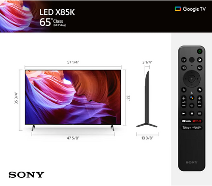 Sony 65” Class X85K 4K HDR LED TV with Google TV (2022) (Refurbished)