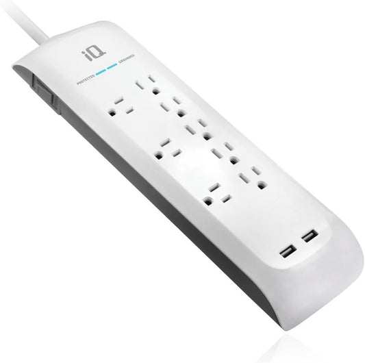 IQ PRO 8X 6ft Surge Protector Power Strip, 8 Outlets, 2 USB Ports, 400V Clamping Voltage, 125V Line Voltage, Max Spike Voltage 6KV, delivers optimal USB current automatically