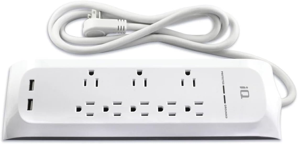 IQ PRO 8X 6ft Surge Protector Power Strip, 8 Outlets, 2 USB Ports, 400V Clamping Voltage, 125V Line Voltage, Max Spike Voltage 6KV, delivers optimal USB current automatically