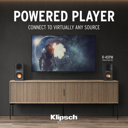 Klipsch Reference R-40PM Powered Bookshelf Speakers - 90-Degree x 90-Degree Tractrix Horn - Linear Travel Suspension (Certified Refurbished)