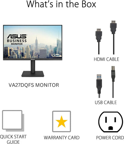 ASUS VA27DQFS Business Monitor – 27-inch, IPS, Full HD, Frameless, 100Hz, Adaptive-Sync, 1ms MPRT, HDMI, DisplayPort, VGA, Low Blue Light, Flicker Free, Ergonomic Design, Wall Mountable (Certified Refurbished)