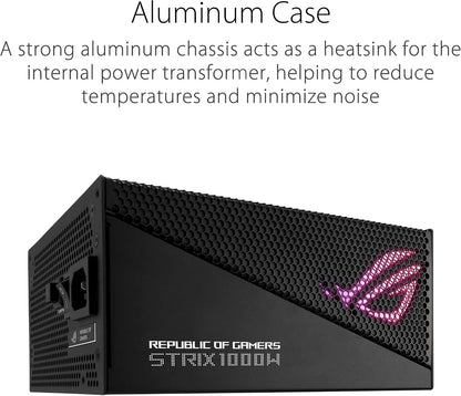ASUS ROG Strix 1000W Gold Aura Edition 80 Plus Gold Fully Modular Gaming Power Supply (ATX 3.0, PCIe 5.0 16-pin Cable, ARGB Lighting, Aura Sync, ROG Heatsinks, 0dB Technology) (Certified Refurbished)
