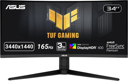 Asus TUF Gaming 34-inch VG34VQL1B Monitor, Curved, WQHD (3440x1440), 165Hz, Extreme Low Motion Blur, FreeSync Premium, Eye Care, DisplayPort HDMI USB, Height Adjustable (Certified Refurbished)