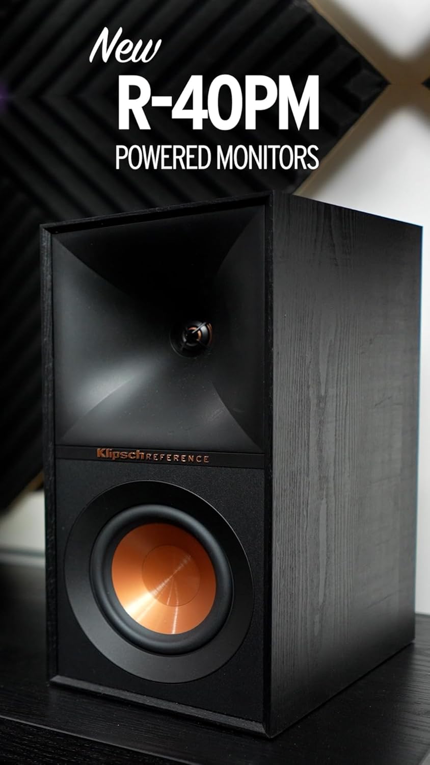 Klipsch Reference R-40PM Powered Bookshelf Speakers - 90-Degree x 90-Degree Tractrix Horn - Linear Travel Suspension (Certified Refurbished)
