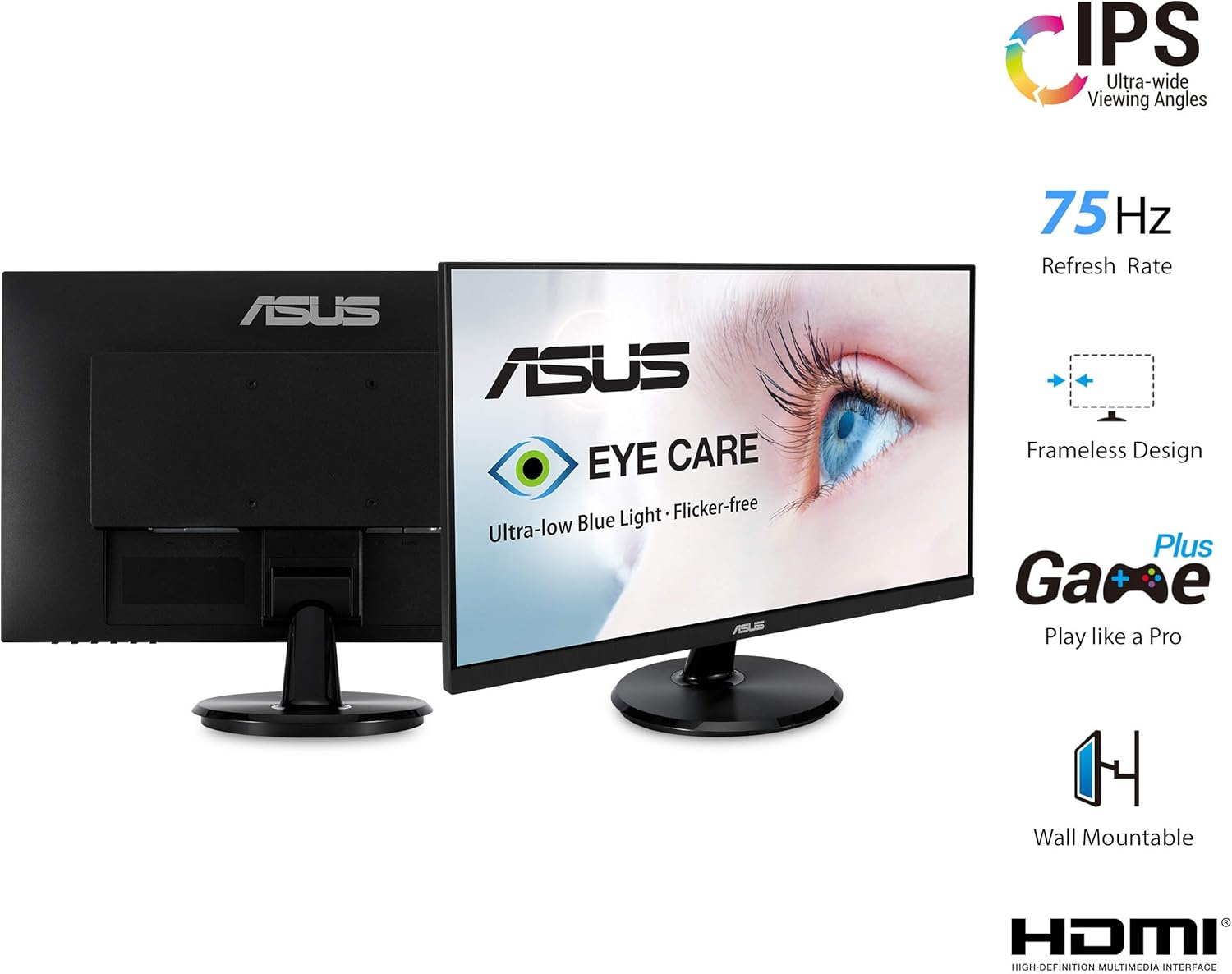 ASUS VA24DQ 23.8” Monitor, 1080P Full HD, 75Hz, IPS, Adaptive-Sync/FreeSync, Eye Care, HDMI DisplayPort VGA, Frameless, VESA Wall Mountable (Certified Refurbished)