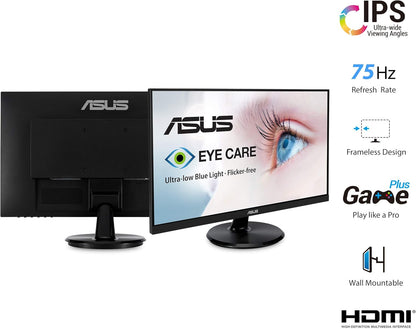 ASUS VA24DQ 23.8” Monitor, 1080P Full HD, 75Hz, IPS, Adaptive-Sync/FreeSync, Eye Care, HDMI DisplayPort VGA, Frameless, VESA Wall Mountable (Certified Refurbished)