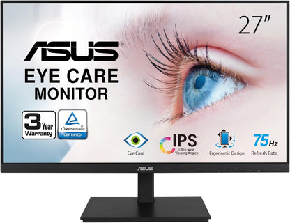 ASUS VA27DQSB Eye Care Monitor – 27 inch, FHD (Full HD 1920 x 1080), IPS, Frameless, 75Hz, Adaptive-Sync, DisplayPort, HDMI, Eye Care, Low Blue Light, Flicker Free, Wall Mountable (Certified Refurbished)