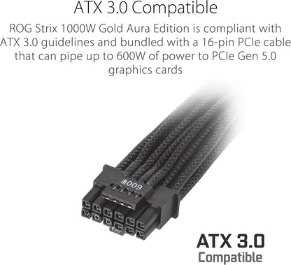 ASUS ROG Strix 1000W Gold Aura Edition 80 Plus Gold Fully Modular Gaming Power Supply (ATX 3.0, PCIe 5.0 16-pin Cable, ARGB Lighting, Aura Sync, ROG Heatsinks, 0dB Technology) (Certified Refurbished)