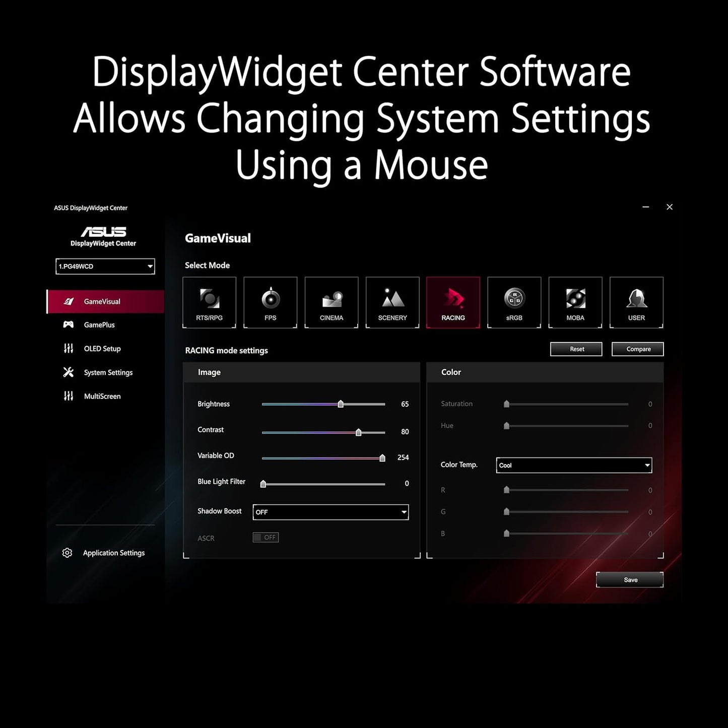 ASUS ROG Swift 49” Curved QD-OLED Gaming Monitor (PG49WCD) - Dual QHD 32:9 (5120x1440), 144Hz, 0.03ms, G-SYNC Compatible, Custom Heatsink, Uniform Brightness, Smart KVM, 90W USB-C PD, DisplayHDR 400 (Certified Refurbished)