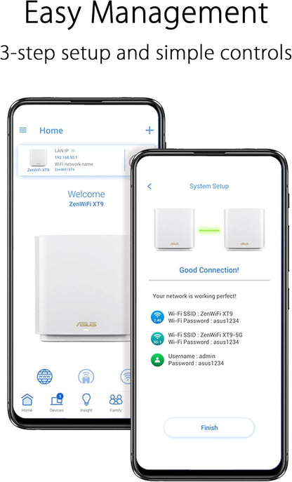 ASUS ZenWiFi XT9 AX7800 Tri-Band WiFi6 Mesh WiFiSystem (2Pack), 802.11ax, up to 5700 sq ft & 6+ Rooms, AiMesh, Lifetime Free Internet Security, Parental Controls, 2.5G WAN Port, UNII 4 (Certified Refurbished)