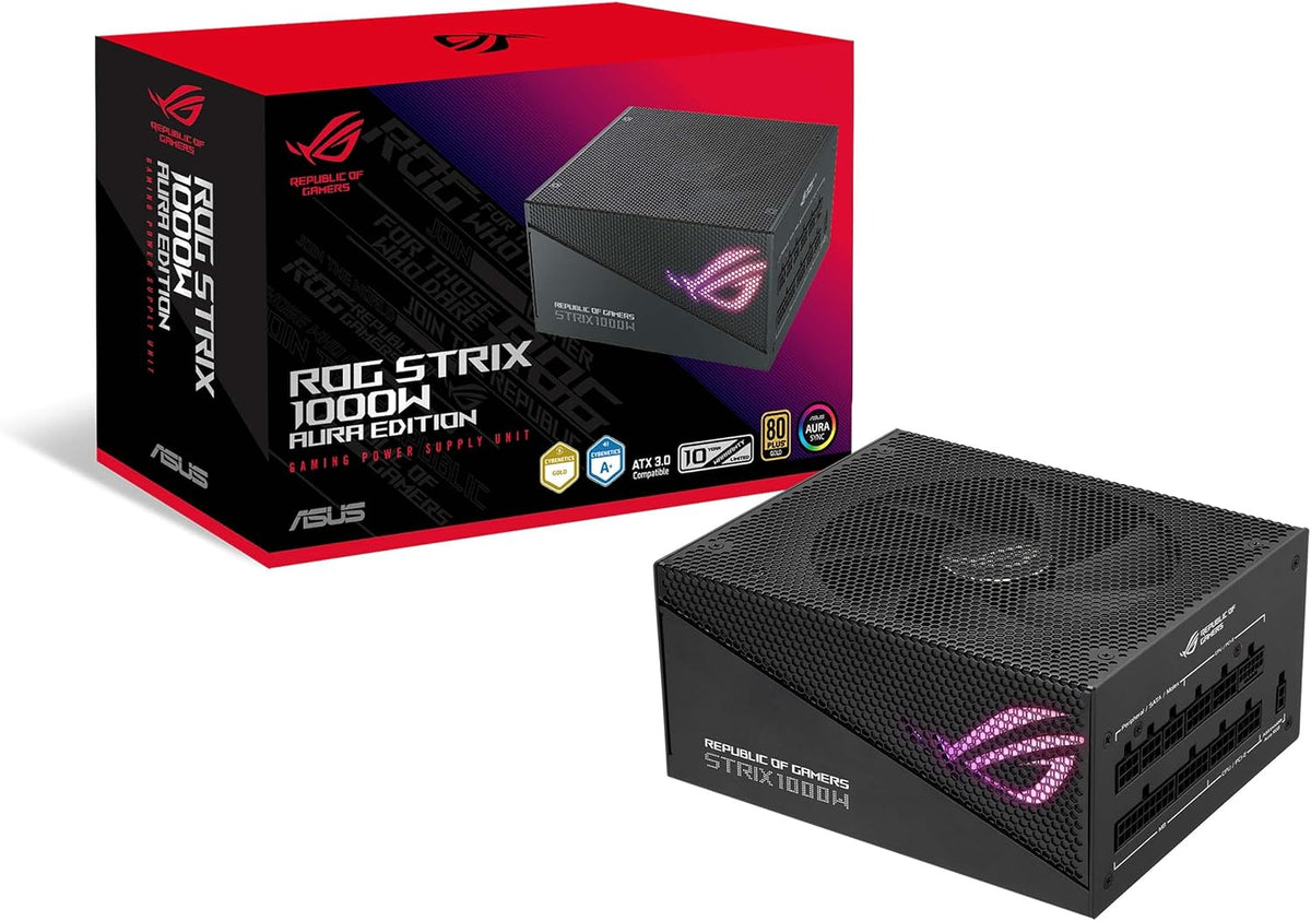 ASUS ROG Strix 1000W Gold Aura Edition 80 Plus Gold Fully Modular Gaming Power Supply (ATX 3.0, PCIe 5.0 16-pin Cable, ARGB Lighting, Aura Sync, ROG Heatsinks, 0dB Technology) (Certified Refurbished)