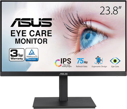 ASUS 23.8” 1080P Monitor (VA24EQSB) - Full HD, IPS, 75Hz, Built-in Speakers, Eye Care, Low Blue Light, Flicker Free, VESA Mountable, Height Adjustment, Frameless, DisplayPort, HDMI, VGA, USB Hub (Certified Refurbished)