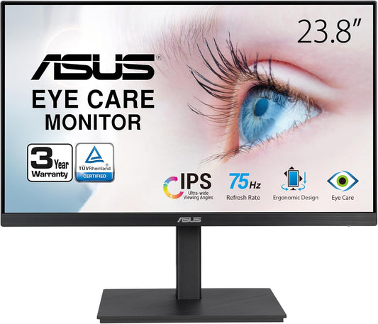 ASUS 23.8” 1080P Monitor (VA24EQSB) - Full HD, IPS, 75Hz, Built-in Speakers, Eye Care, Low Blue Light, Flicker Free, VESA Mountable, Height Adjustment, Frameless, DisplayPort, HDMI, VGA, USB Hub (Certified Refurbished)