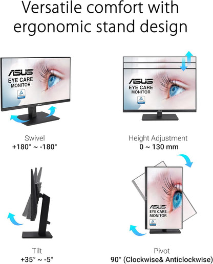 ASUS 23.8” 1080P Monitor (VA24EQSB) - Full HD, IPS, 75Hz, Built-in Speakers, Eye Care, Low Blue Light, Flicker Free, VESA Mountable, Height Adjustment, Frameless, DisplayPort, HDMI, VGA, USB Hub (Certified Refurbished)