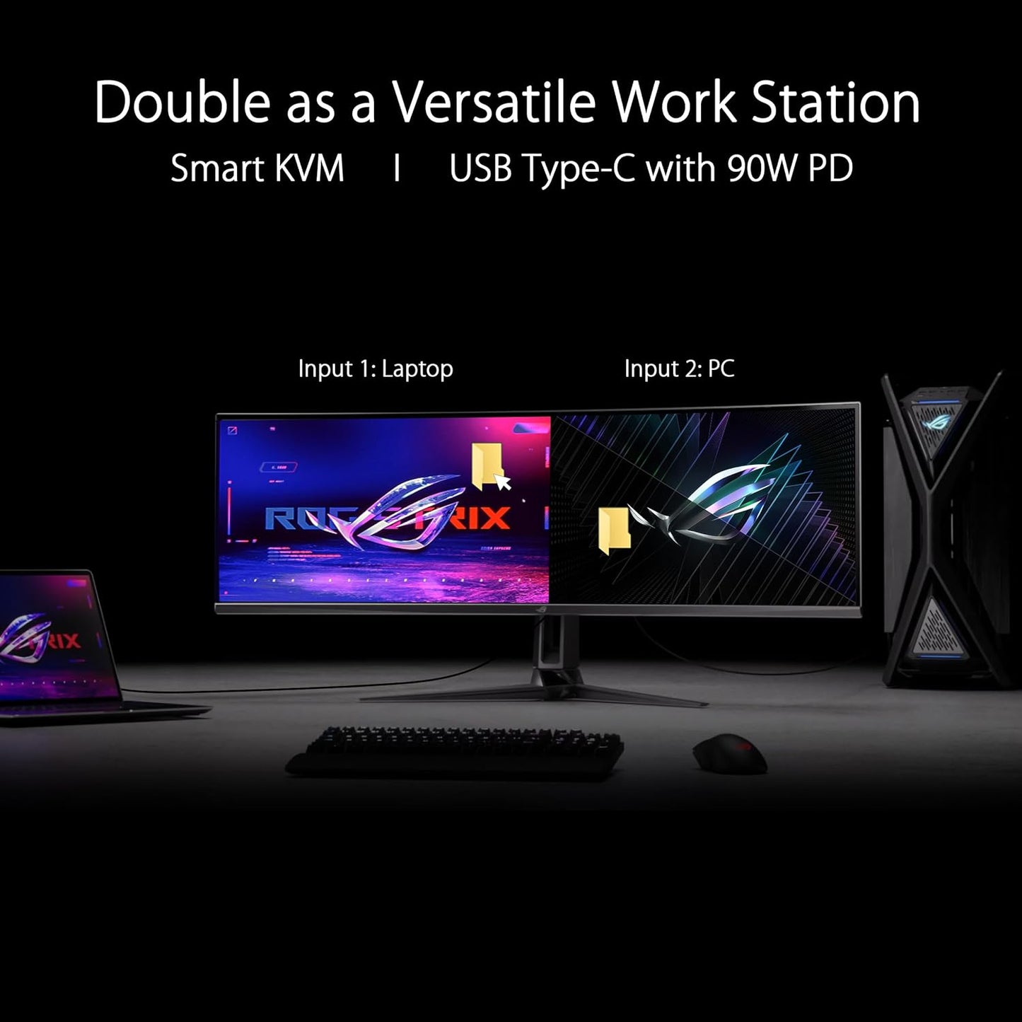 ASUS ROG Swift 49” Curved QD-OLED Gaming Monitor (PG49WCD) - Dual QHD 32:9 (5120x1440), 144Hz, 0.03ms, G-SYNC Compatible, Custom Heatsink, Uniform Brightness, Smart KVM, 90W USB-C PD, DisplayHDR 400 (Certified Refurbished)