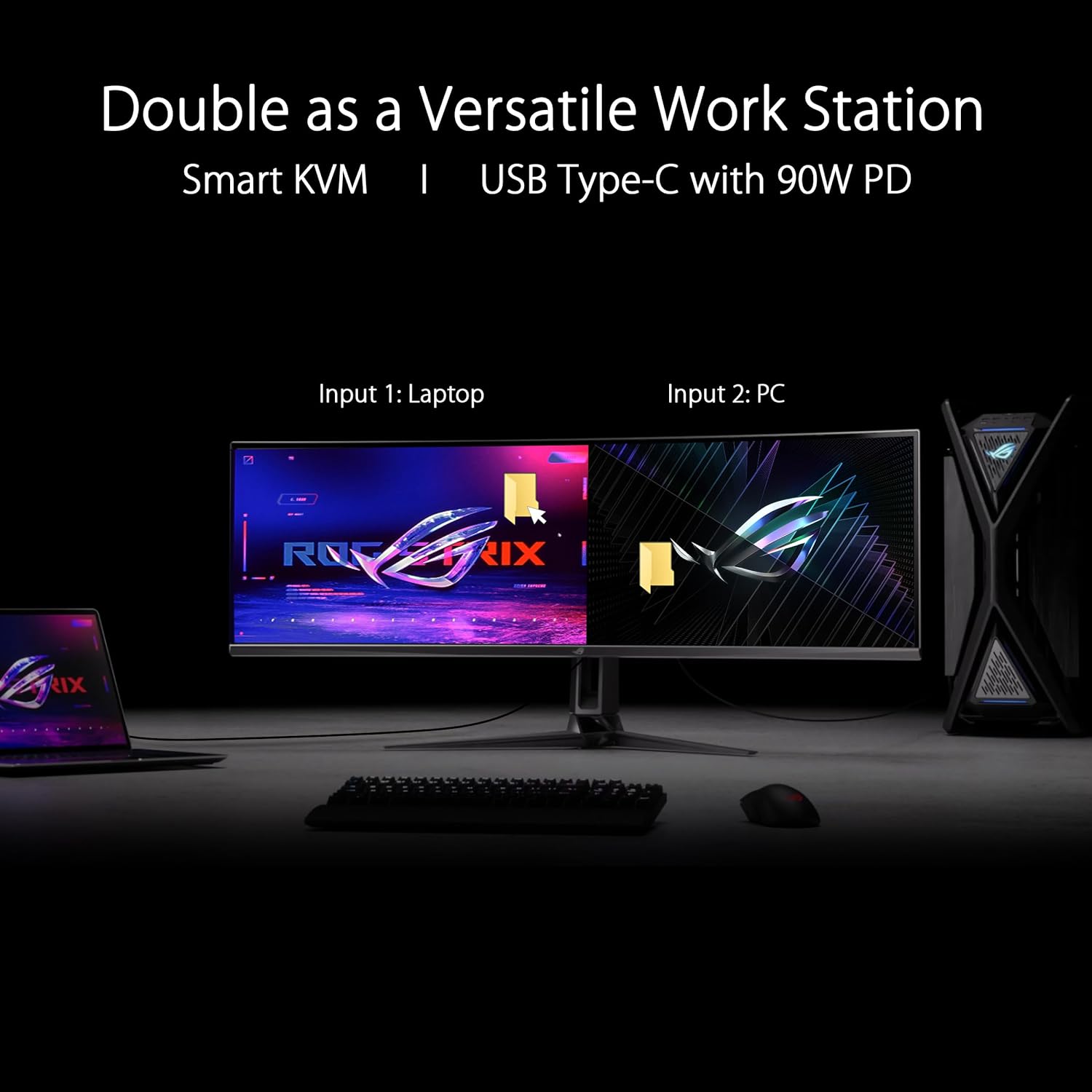 ASUS ROG Swift 49” Curved QD-OLED Gaming Monitor (PG49WCD) - Dual QHD 32:9 (5120x1440), 144Hz, 0.03ms, G-SYNC Compatible, Custom Heatsink, Uniform Brightness, Smart KVM, 90W USB-C PD, DisplayHDR 400 (Certified Refurbished)