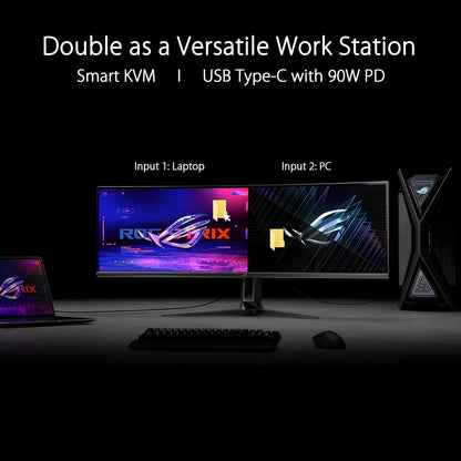 ASUS ROG Swift 49” Curved QD-OLED Gaming Monitor (PG49WCD) - Dual QHD 32:9 (5120x1440), 144Hz, 0.03ms, G-SYNC Compatible, Custom Heatsink, Uniform Brightness, Smart KVM, 90W USB-C PD, DisplayHDR 400 (Certified Refurbished)