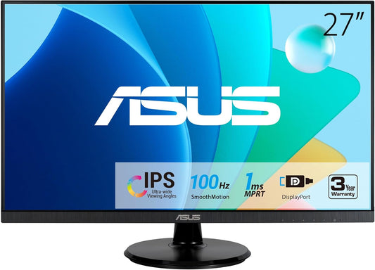 ASUS 27” 1080P Eye Care Monitor (VA27DQF) - IPS, Full HD, Frameless, 100Hz, 1ms, Adaptive-Sync, for Working and Gaming, Low Blue Light, Flicker Free, HDMI, DisplayPort (Certified Refurbished)