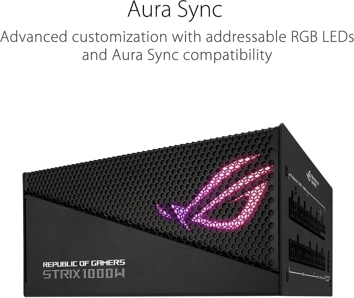 ASUS ROG Strix 1000W Gold Aura Edition 80 Plus Gold Fully Modular Gaming Power Supply (ATX 3.0, PCIe 5.0 16-pin Cable, ARGB Lighting, Aura Sync, ROG Heatsinks, 0dB Technology) (Certified Refurbished)