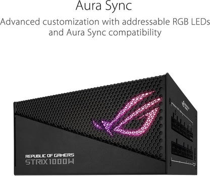 ASUS ROG Strix 1000W Gold Aura Edition 80 Plus Gold Fully Modular Gaming Power Supply (ATX 3.0, PCIe 5.0 16-pin Cable, ARGB Lighting, Aura Sync, ROG Heatsinks, 0dB Technology) (Certified Refurbished)