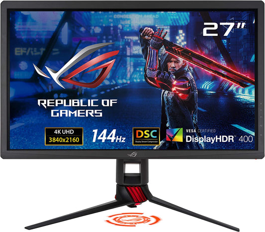 ASUS ROG Strix 27" 4K HDR DSC Gaming Monitor (XG27UQ) - UHD (3840 x 2160), IPS, 144Hz, 1ms, Adaptive-Sync, G-SYNC Compatible, DisplayHDR 400, 90% DCI-P3, Aura Sync, VESA Mountable, DisplayPort, HDMI (Certified Refurbished)