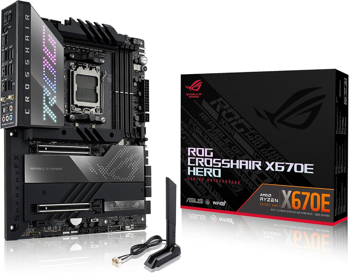 ASUS ROG Crosshair X670E Hero AMD AM5 X670E ATX Gaming Motherboard for Ryzen 9000/8000/7000 (18+2 Power Stages, DDR5, PCIe 5.0, 5x M.2, USB4, WiFi 6E, 2.5Gb LAN, AI Overclocking) (Certified Refurbished)