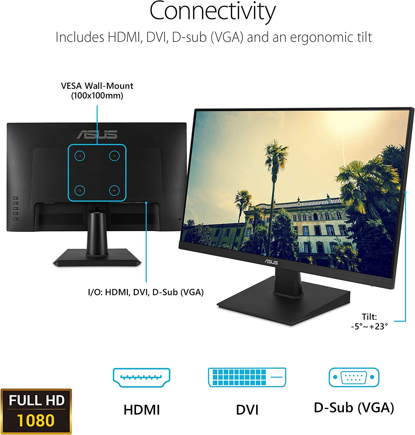 ASUS VA24EHE Eye Care Monitor – 23.8 inch, Full HD, IPS, Frameless, 75Hz, Adaptive-Sync, Low Blue Light, Flicker Free, Wall Mountable (Certified Refurbished)