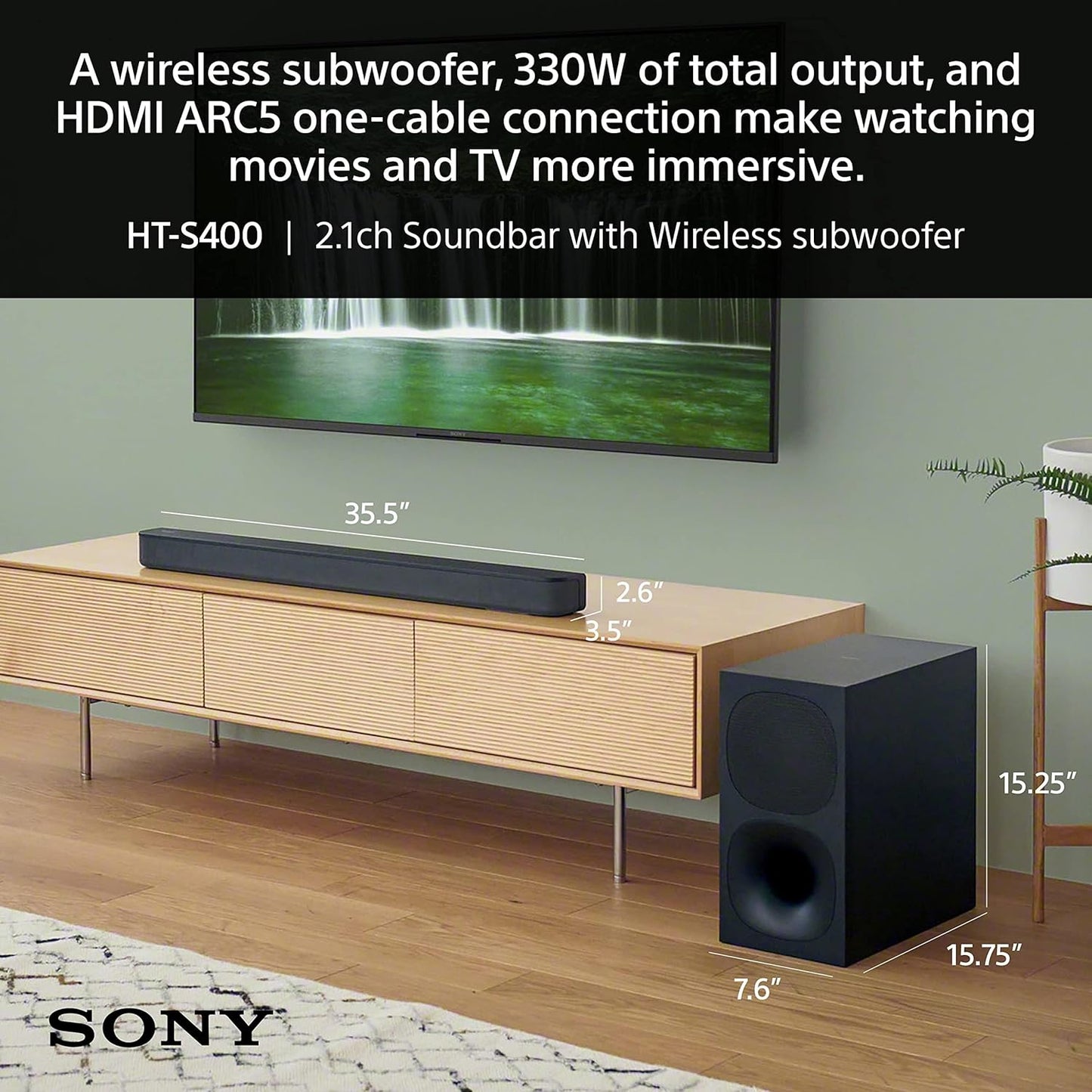 Sony HT-S400 2.1ch Soundbar with Powerful Wireless subwoofer, S-Force PRO Front Surround Sound, and Dolby Digital (Refurbished