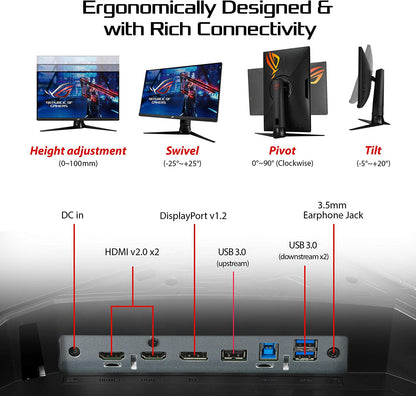 ASUS ROG Strix XG27AQ 27” HDR Gaming Monitor, 1440P WQHD (2560 x 1440), Fast IPS, 170Hz, 1ms, G-SYNC Compatible, Extreme Low Motion Blur Sync, Eye Care, HDMI DisplayPort USB 3.0 Hub, DisplayHDR 400 (Certified Refurbished)