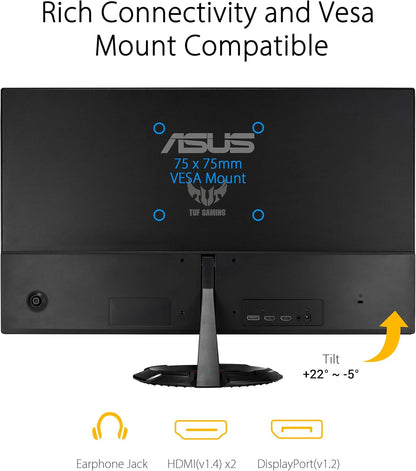 ASUS TUF Gaming 23.8” 1080P Monitor (VG249Q1R) - Full HD, IPS, 165Hz (Supports 144Hz), 1ms, Extreme Low Motion Blur, Speaker, FreeSync Premium, Shadow Boost, VESA Mountable, DisplayPort, HDMI (Certified Refurbished)