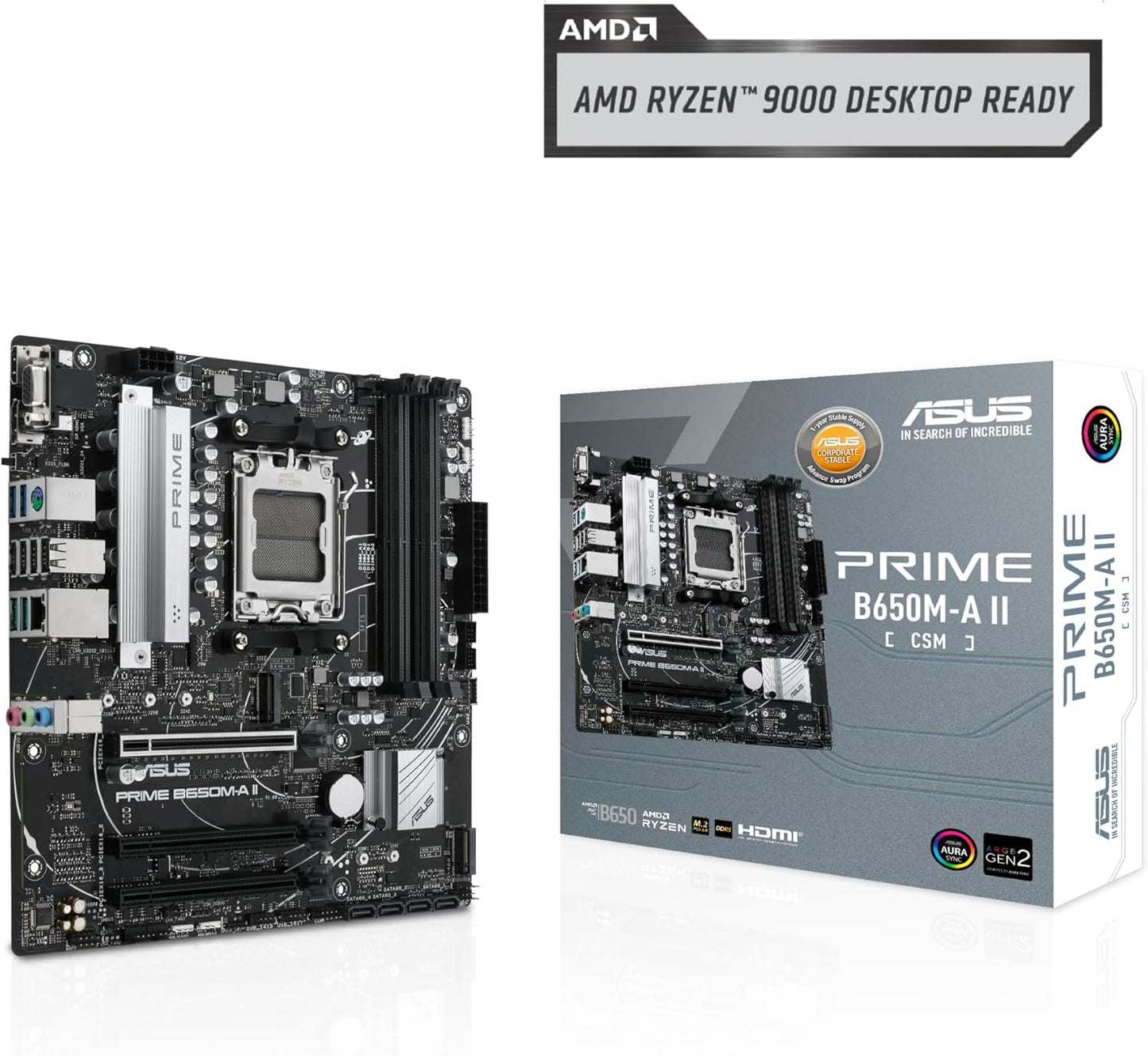 ASUS PRIME B650M-A II-CSM Micro-ATX commercial motherboard,DDR5 6400+(OC),PCIe 5.0 M.2 support,Realtek 2.5Gb LAN,DisplayPort,VGA,HDMI, USB 3.2 Gen 2 ports (Certified Refurbished)