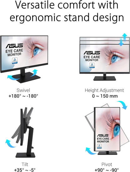 ASUS VA27DQSB Eye Care Monitor – 27 inch, FHD (Full HD 1920 x 1080), IPS, Frameless, 75Hz, Adaptive-Sync, DisplayPort, HDMI, Eye Care, Low Blue Light, Flicker Free, Wall Mountable (Certified Refurbished)