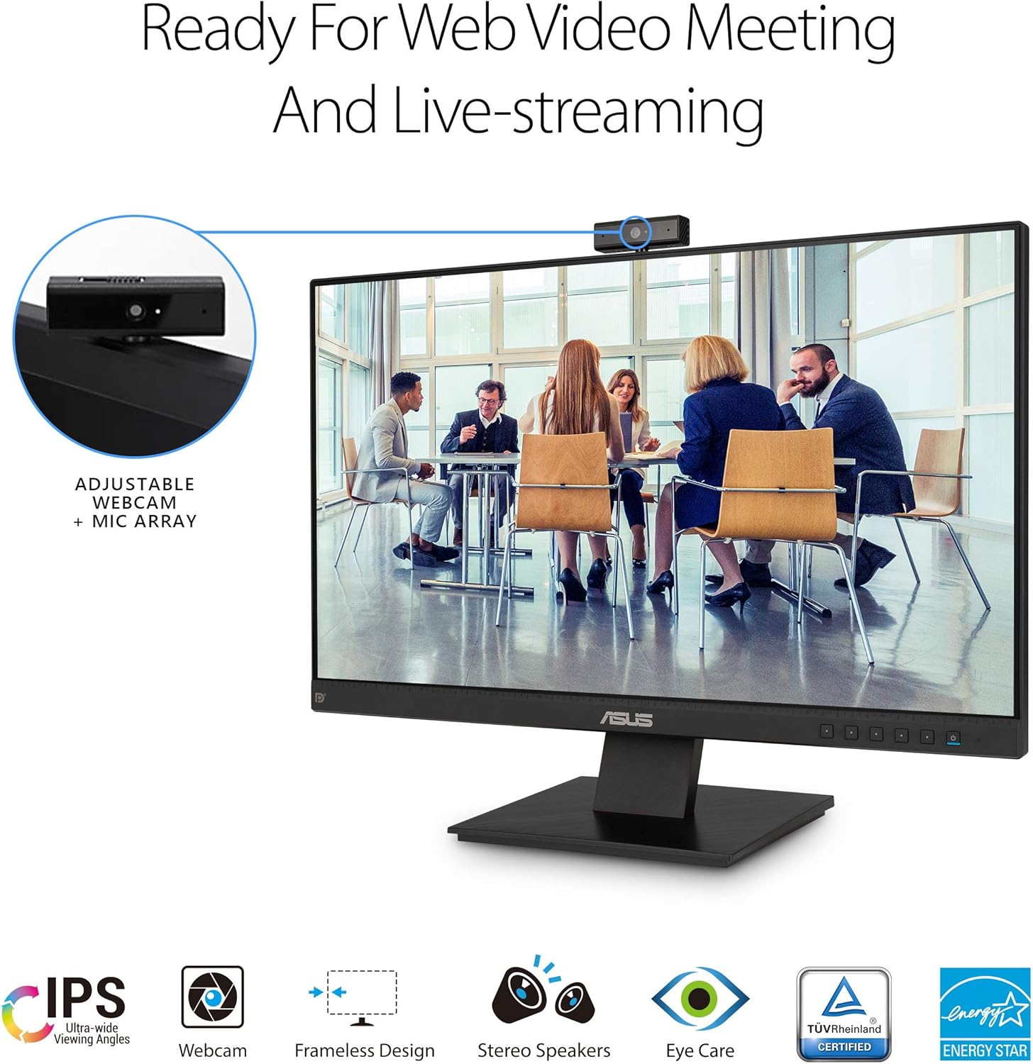 ASUS BE24EQK 23.8” Business Monitor with Webcam, 1080P Full HD IPS, Eye Care, DisplayPort HDMI, Frameless, Built-in Adjustable 2MP Webcam, Mic Array, Stereo Speaker, Video Conference (Certified Refurbished)