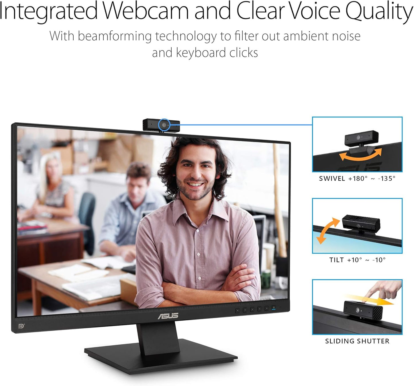 ASUS BE24EQK 23.8” Business Monitor with Webcam, 1080P Full HD IPS, Eye Care, DisplayPort HDMI, Frameless, Built-in Adjustable 2MP Webcam, Mic Array, Stereo Speaker, Video Conference (Certified Refurbished)