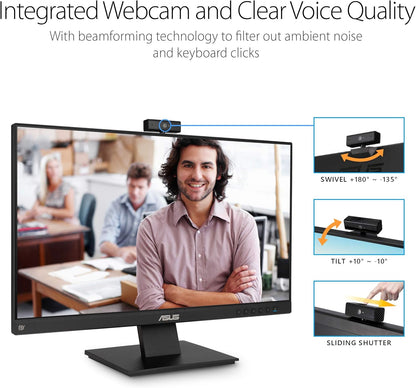 ASUS BE24EQK 23.8” Business Monitor with Webcam, 1080P Full HD IPS, Eye Care, DisplayPort HDMI, Frameless, Built-in Adjustable 2MP Webcam, Mic Array, Stereo Speaker, Video Conference (Certified Refurbished)